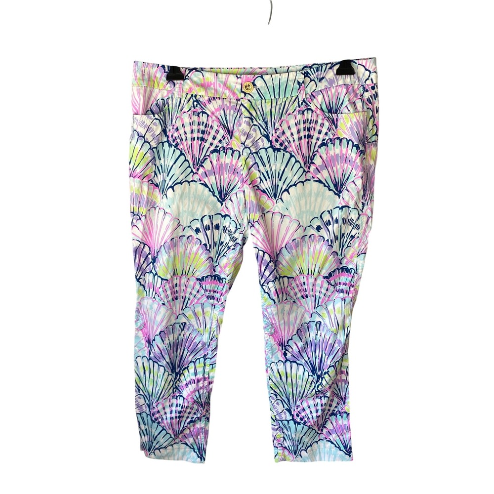Lilly Pulitzer Seashell Cropped Pant Pink Teal Preppy Resort Wear Slim Fit 16/18
